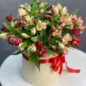 Композиция в шляпной коробке из 21 альстромерии в Шатуре